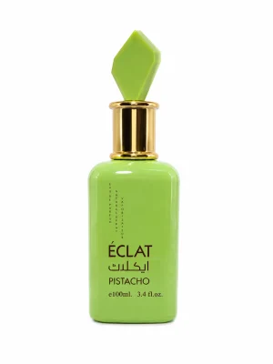 Eclat Pistacho Eau de Parfum – официално изображение Eclat Pistacho Eau de Parfum 100 ml – оригинален унисекс парфюм в зелена бутилка със златни детайли на бял фон
