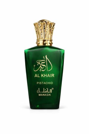 Зелен стъклен флакон парфюм Al Khair Pistachio by Manasik Eau de Parfum със златиста капачка на бял фон