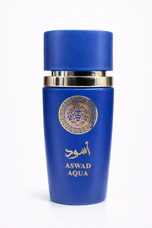 Aswad Aqua Eau de Parfum – официално изображение Aswad Aqua Eau de Parfum 100 ml – оригинален мъжки парфюм в син флакон със златни детайли на бял фон