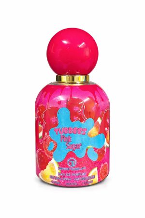 Розова бутилка парфюм Tubbees Pink Sugar с цветен етикет на бял фон