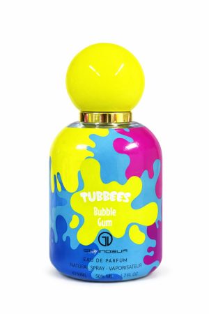 Tubbees Bubble Gum – бутилка Цветна бутилка парфюм Tubbees Bubble Gum с жълта сферична капачка на бял фон