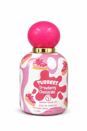 Tubbees Strawberry Cheesecake – бутилка Бутилка парфюм Tubbees Strawberry Cheesecake с розова капачка и десертен дизайн на бял фон