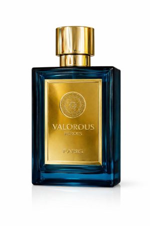 Valorous Heroes Faris – бутилка Синя правоъгълна бутилка парфюм Valorous Heroes Faris със златна капачка и златен етикет на бял фон