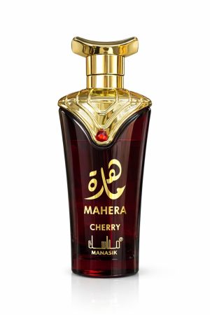 Тъмночервена бутилка парфюм Mahera Cherry със златна капачка на бял фон