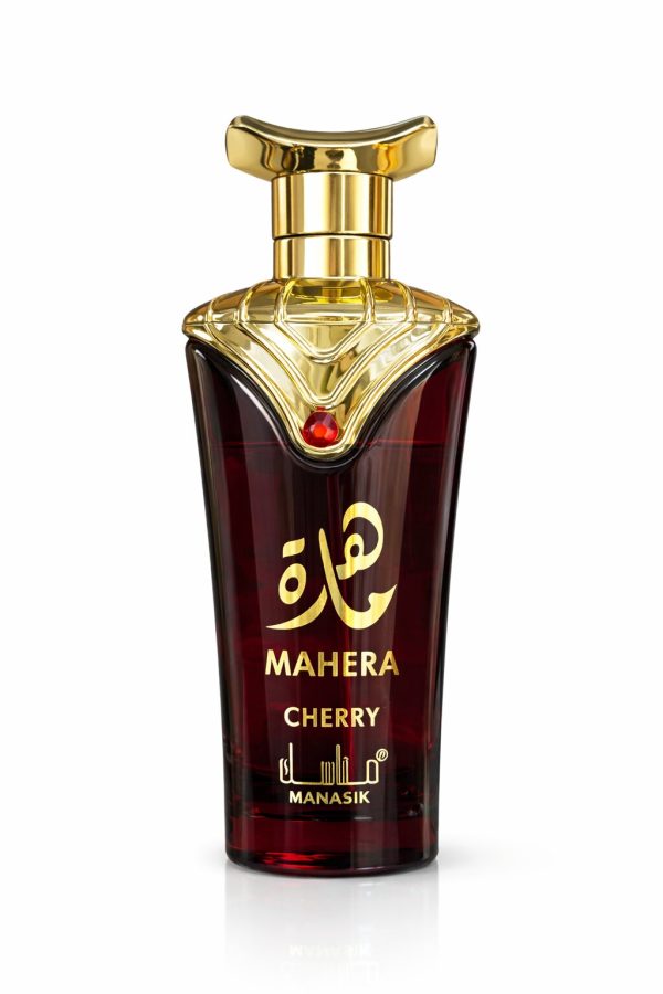 Тъмночервена бутилка парфюм Mahera Cherry със златна капачка на бял фон