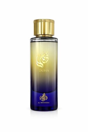 Бутилка парфюм Duha Al Wataniah Eau de Parfum със синьо-златист градиент на бял фон