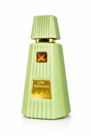 Бутилка парфюм Lush Pistachio by Mahasik Eau de Parfum в светлозелен цвят на бял фон