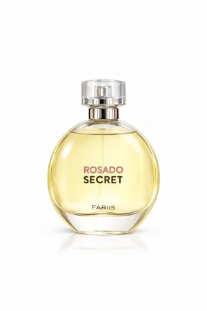Кръгла бутилка парфюм Rosado Secret by Fariis Eau de Parfum с жълта течност на бял фон