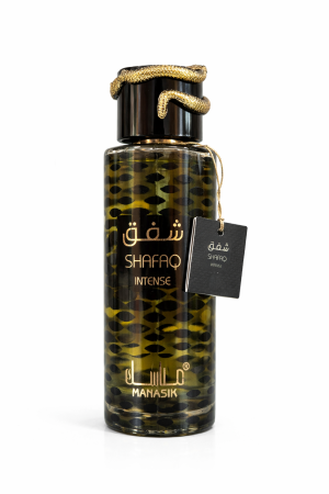 Shaffaq Intense Eau de Parfum – официално изображение (2) Shaffaq Intense Eau de Parfum 100 ml – оригинален унисекс парфюм в тъмна бутилка със златни детайли на бял фон