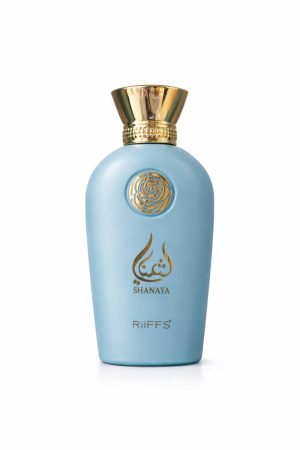 Shanaya RiiFFS – флакон Флакон на парфюм Shanaya RiiFFS Eau de Parfum в светлосин цвят със златни елементи на бял фон