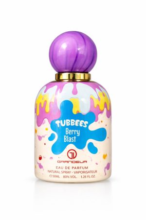 Tubbees Berry Blast – флакон Бутилка парфюм Tubbees Berry Blast by Grandeur Eau de Parfum със шарен дизайн на бял фон