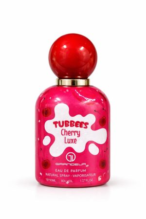 Tubbees Cherry Luxe – флакон Бутилка парфюм Tubbees Cherry Luxe by Grandeur Eau de Parfum с червени и розови графични елементи на бял фон