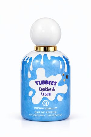 Tubbees Cookies & Cream – флакон Бутилка парфюм Tubbees Cookies & Cream by Grandeur Eau de Parfum със син и бял дизайн на бял фон