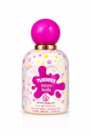 Tubbees Unicorn Vanilla – флакон Бутилка парфюм Tubbees Unicorn Vanilla by Grandeur Eau de Parfum с шарен детски дизайн и розов топ на бял фон
