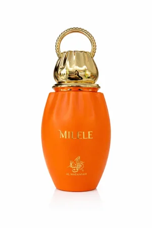 Milele – официално изображение Milele eau de parfum 100 ml – унисекс парфюм с оранжева бутилка и златни детайли в елегантен дизайн