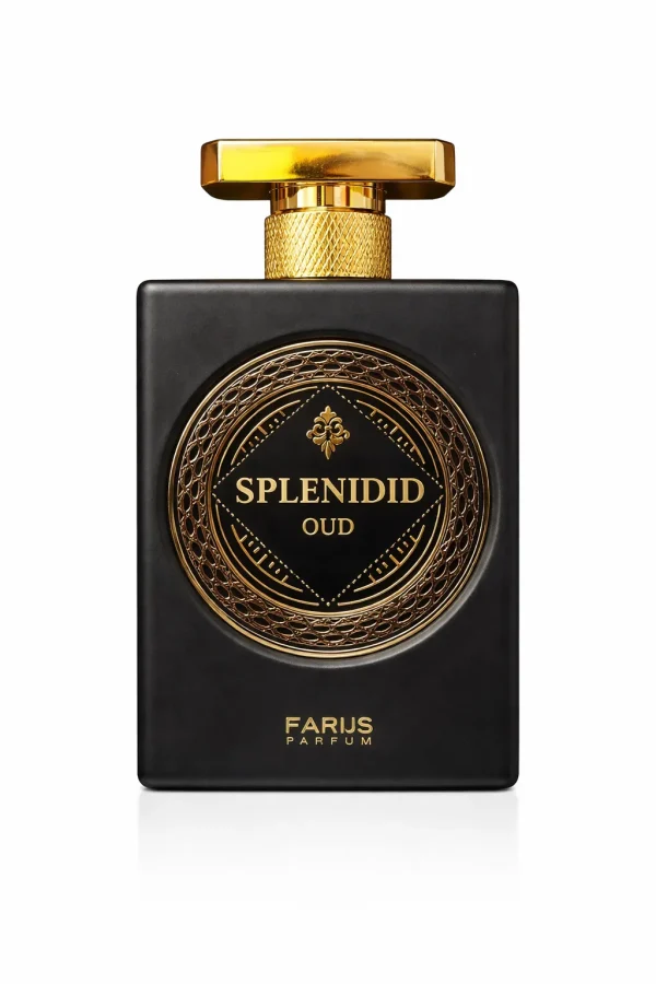 Splendid Oud – официално изображение Splendid Oud eau de parfum 100 ml – мъжки ориенталски парфюм с черна бутилка и златни орнаменти в луксозен дизайн