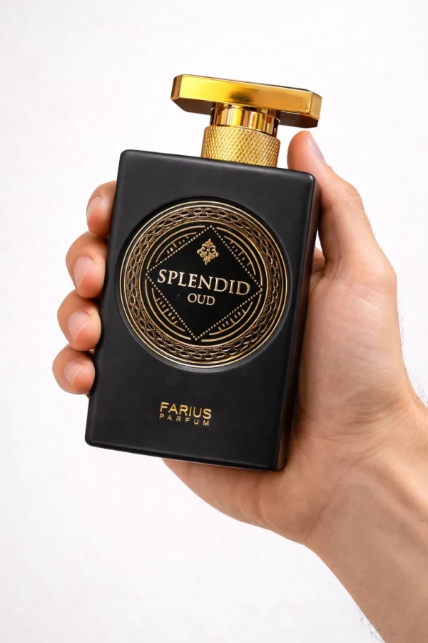 Splendid Oud – реален размер Splendid Oud eau de parfum 100 ml, показан в ръка за реална представа за размера и масивния дизайн на бутилката