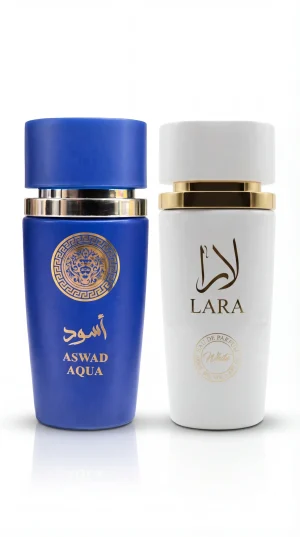 Aswad Aqua & Lara White – официално изображение Aswad Aqua и Lara White eau de parfum комплект от мъжки и дамски парфюм синя и бяла бутилка на бял фон