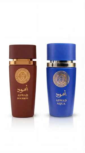 Aswad Bourbon и Aswad Aqua eau de parfum комплект от два мъжки парфюма кафява и синя бутилка на бял фон