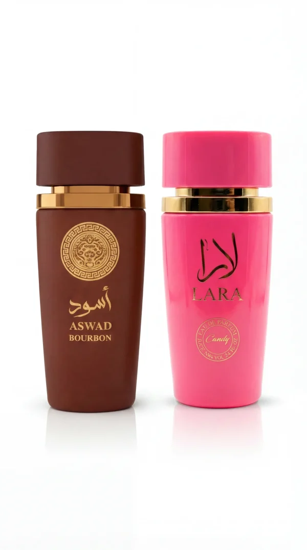 Aswad Bourbon и Lara Candy eau de parfum комплект от мъжки и дамски парфюм кафява и розова бутилка на бял фон