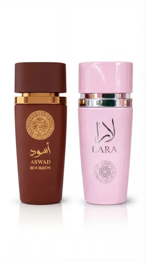 Aswad Bourbon и Lara Pink eau de parfum комплект от мъжки и дамски парфюм кафява и розова бутилка на бял фон