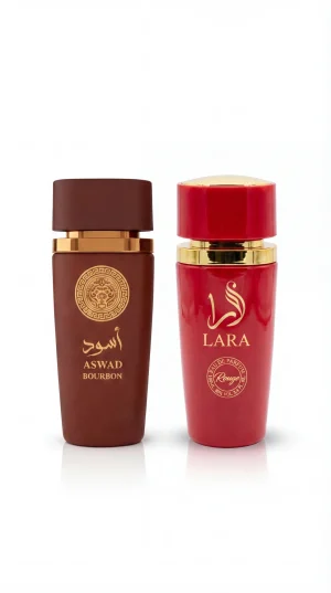 Aswad Bourbon и Lara Rouge eau de parfum комплект от мъжки и дамски парфюм кафява и червена бутилка на бял фон