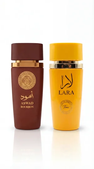 Aswad Bourbon и Lara Tous eau de parfum комплект от мъжки и дамски парфюм кафява и жълта бутилка на бял фон