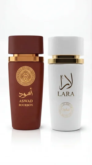 Aswad Bourbon и Lara White eau de parfum комплект от мъжки и дамски парфюм кафява и бяла бутилка на бял фон