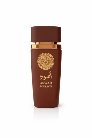 Aswad Bourbon eau de parfum мъжки парфюм с кафява бутилка и златни детайли на бял фон
