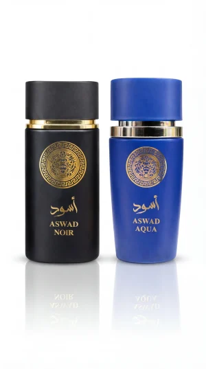 Aswad Noir & Aqua – официално изображение Aswad Noir и Aqua eau de parfum комплект от два мъжки парфюма с черна и синя бутилка на бял фон