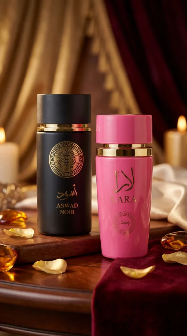 Aswad Noir и Lara Candy eau de parfum – мъжки и дамски аромат в стилна обстановка за ежедневие и специални поводи