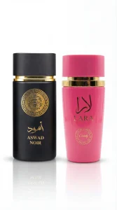 Aswad Noir и Lara Candy eau de parfum комплект от мъжки и дамски парфюм с черна и розова бутилка на бял фон