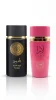 Aswad Noir и Lara Candy eau de parfum комплект от мъжки и дамски парфюм с черна и розова бутилка на бял фон