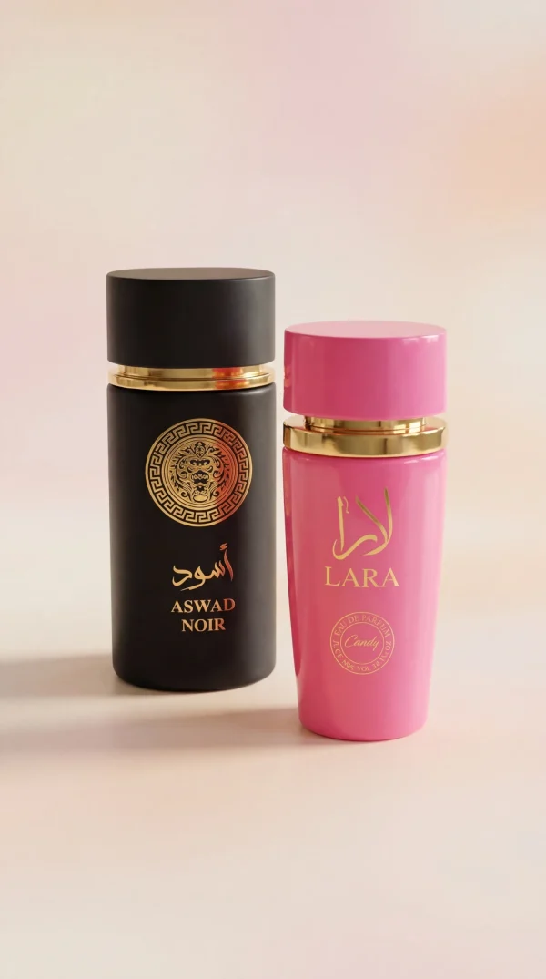 Aswad Noir и Lara Candy eau de parfum два контрастни аромата в черно и розово с детайлен дизайн и реален мащаб
