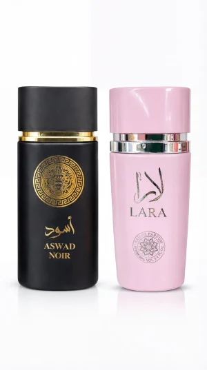 Aswad Noir и Lara Pink eau de parfum комплект от мъжки и дамски парфюм с черна и розова бутилка на бял фон