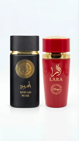 Aswad Noir & Lara Rouge – официално изображение Aswad Noir и Lara Rouge eau de parfum комплект от мъжки и дамски парфюм с черна и червена бутилка на изчистен бял фон