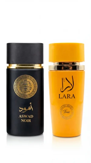 Aswad Noir & Lara Tous – официално изображение Aswad Noir и Lara Tous eau de parfum комплект от мъжки и дамски парфюм с черна и жълта бутилка на изчистен бял фон