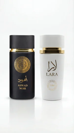 Aswad Noir & Lara White – официално изображение Aswad Noir и Lara White eau de parfum комплект от мъжки и дамски парфюм с черна и бяла бутилка на изчистен бял фон