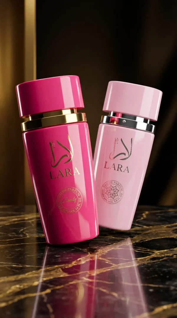 Lara Candy + Lara Pink – реален размер Lara Candy и Lara Pink eau de parfum 2x100 ml,размера и дизайна на бутилките