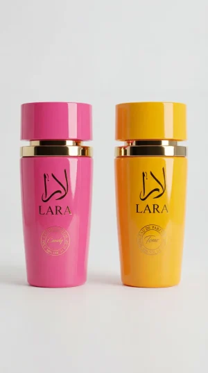 Lara Candy + Lara Tous – официално изображение Lara Candy и Lara Tous eau de parfum 2x100 ml комплект от два дамски парфюма с розова и жълта бутилка на бял фон