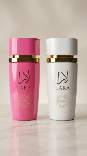 Lara Candy и Lara White eau de parfum 2x100 ml комплект от два дамски парфюма с розова и бяла бутилка на бял фон
