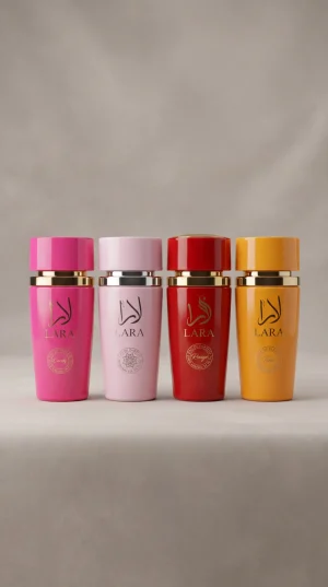 Lara Candy Pink Rouge Tous eau de parfum комплект от четири дамски парфюма с розова, светло розова, червена и жълта бутилка на изчистен фон