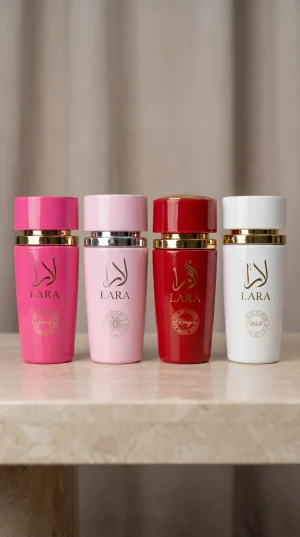 Lara Candy Pink Rouge White eau de parfum комплект от четири дамски парфюма с розова, светло розова, червена и бяла бутилка на изчистен фон