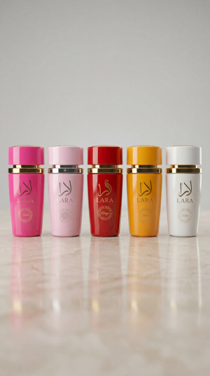 Lara Perfume Set – официално изображение Lara perfume set eau de parfum 5x100 ml комплект от пет дамски парфюма с различни цветни бутилки на бял фон