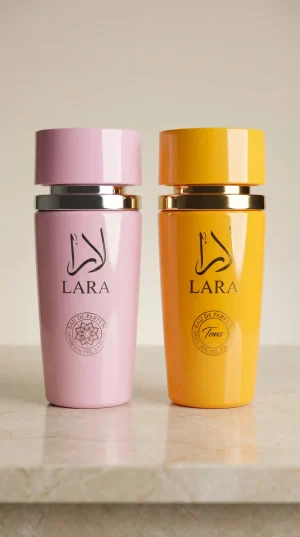 Lara Pink + Lara Tous – официално изображение Lara Pink и Lara Tous eau de parfum 2x100 ml комплект от два дамски парфюма с розова и жълта бутилка на бял фон