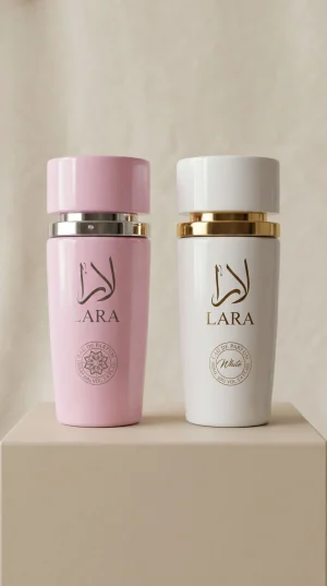 Lara Pink + Lara White – официално изображение Lara Pink и Lara White eau de parfum 2x100 ml комплект от два дамски парфюма с розова и бяла бутилка на бял фон