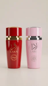 Lara Rouge и Lara Pink eau de parfum 2x100 ml комплект от два дамски парфюма с червена и розова бутилка на бял фон