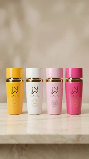 Lara Tous White Pink Candy eau de parfum комплект от четири дамски парфюма с жълта, бяла, розова и ярко розова бутилка на бял фон