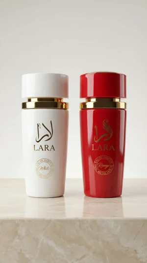 Lara White и Lara Rouge eau de parfum 2x100 ml комплект от два дамски парфюма с бяла и червена бутилка на бял фон