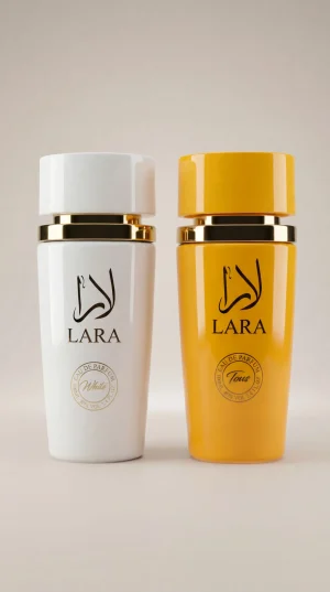 Lara White и Lara Tous eau de parfum 2x100 ml комплект от два дамски парфюма с бяла и жълта бутилка на бял фон